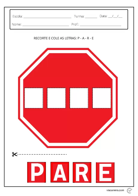 Desenho de um sinal de pare com letras para recortar e colar.