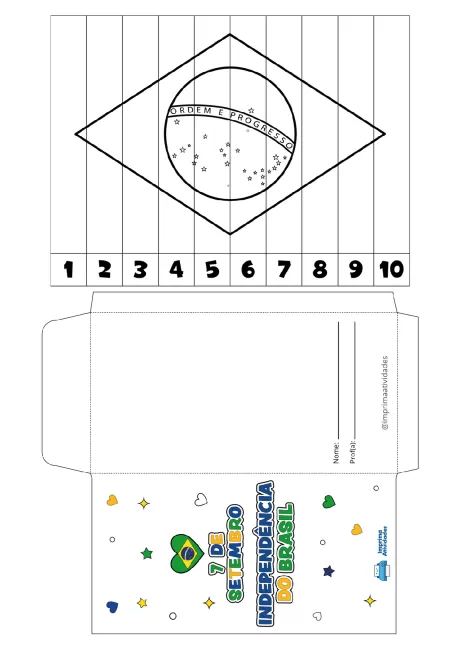 Desenho da bandeira do Brasil para colorir, com a frase 'Ordem e Progresso' e elementos decorativos relacionados ao Dia da Independência.