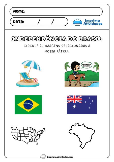 Atividade para crianças com imagens relacionadas à Independência do Brasil, incluindo bandeiras e símbolos.