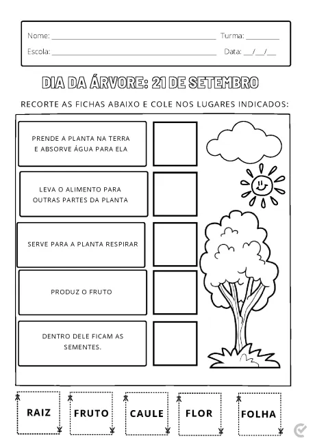 Atividade escolar sobre a importância das árvores, com espaços para colar fichas e desenhos de uma árvore e sol.