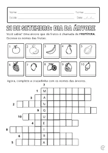 Atividade escolar sobre o Dia da Árvore com desenhos de frutas e uma cruzadinha.
