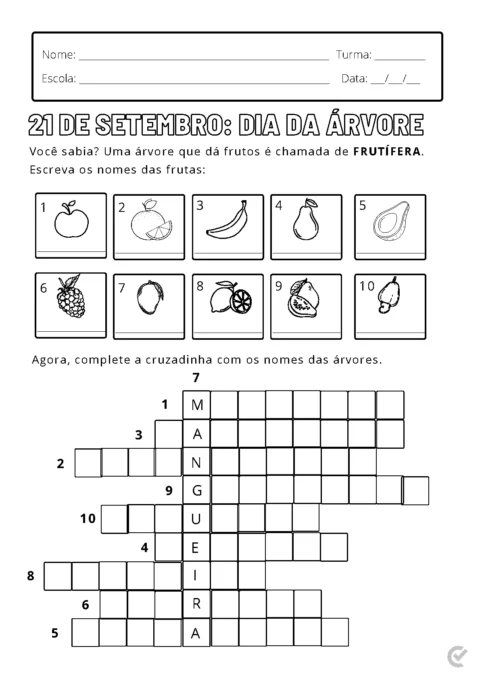Atividade escolar sobre o Dia da Árvore com desenhos de frutas e uma cruzadinha.