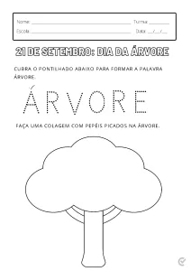Atividade para o Dia da Árvore com um desenho de uma árvore e instruções para cobrir o pontilhado.