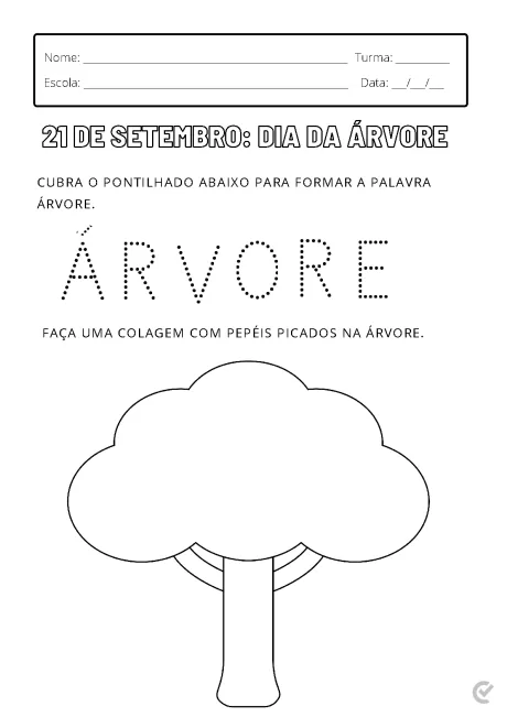 Atividade para o Dia da Árvore com um desenho de uma árvore e instruções para cobrir o pontilhado.