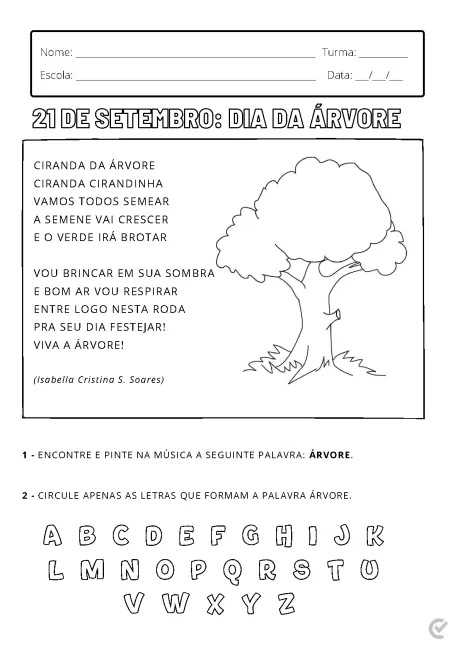 Atividade de colorir e aprender sobre o Dia da Árvore, com instruções e letras para circular.