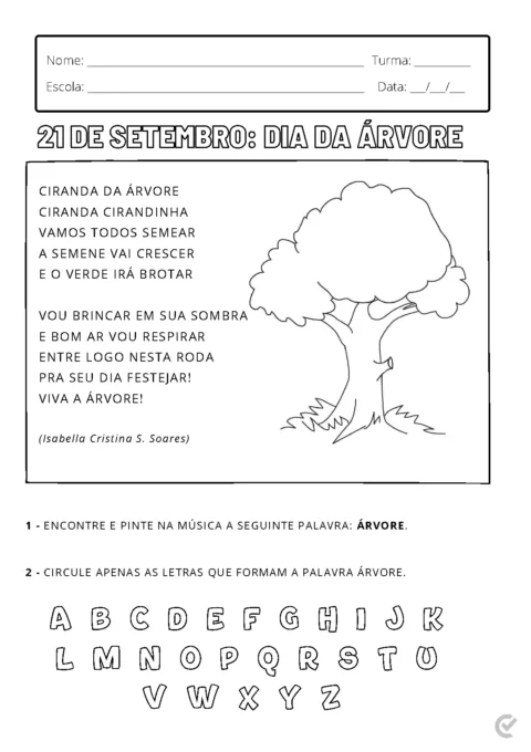 Atividade de colorir e aprender sobre o Dia da Árvore, com instruções e letras para circular.