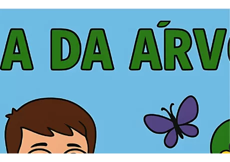 Ilustração de uma criança com uma borboleta e elementos naturais