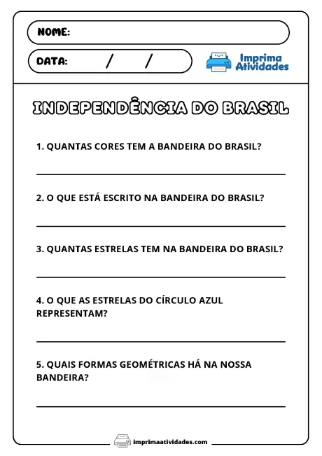 Atividade educativa com perguntas sobre a bandeira do Brasil