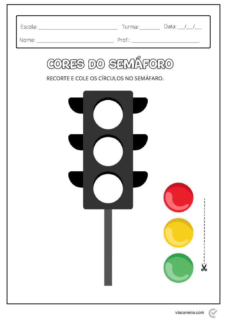 Desenho de um semáforo com círculos coloridos vermelho, amarelo e verde para atividade educativa.