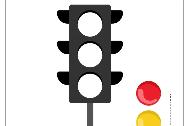 Desenho de um semáforo com círculos coloridos vermelho, amarelo e verde para atividade educativa.