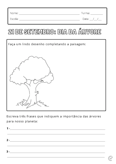 Folha de atividade escolar sobre o Dia da Árvore, com espaço para desenho e escrita.