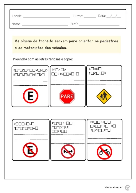 Atividade educativa com placas de trânsito para identificação e preenchimento.