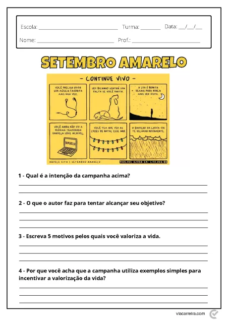 Página de atividade escolar sobre a campanha Setembro Amarelo, com perguntas e ilustrações relacionadas à valorização da vida.