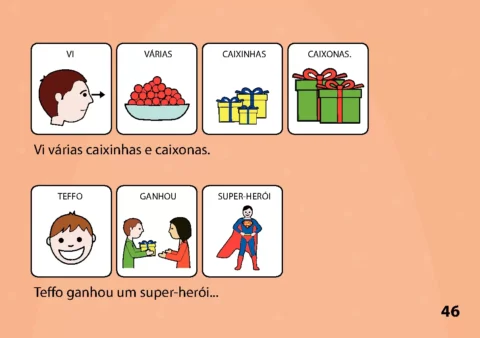 Ilustrações de crianças e caixas, com texto explicativo.