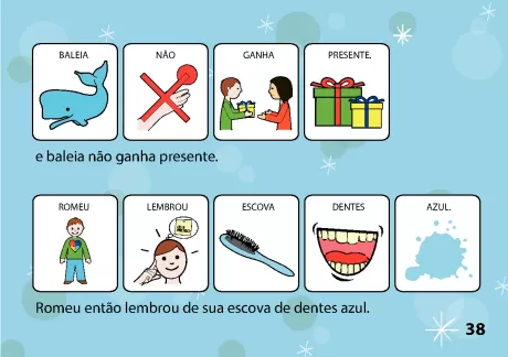 Ilustrações educativas sobre a baleia e a escova de dentes azul.