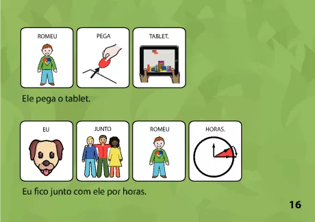 Ilustrações de crianças interagindo com um tablet e um cachorro, com texto explicativo.