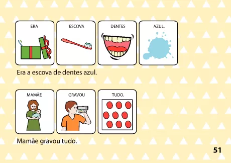 Ilustrações de uma escova de dentes azul e uma criança gravando com uma câmera.