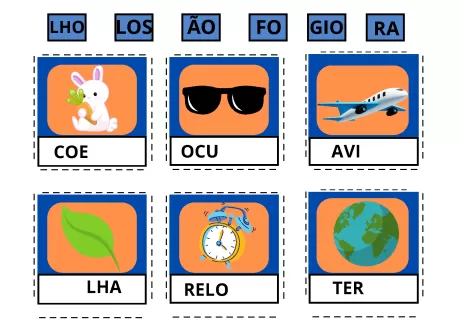 Quadro com imagens e palavras associadas para aprendizado.