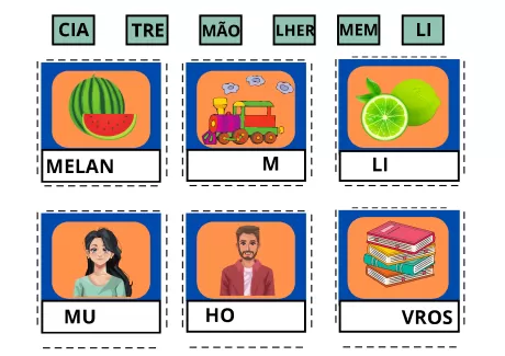 Imagem com palavras e ilustrações educativas, incluindo uma melancia, um trem, limões, uma mulher, um homem e livros empilhados.