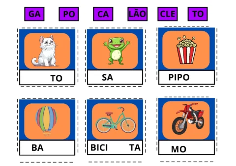 Cartões ilustrativos com imagens e palavras para aprendizado.