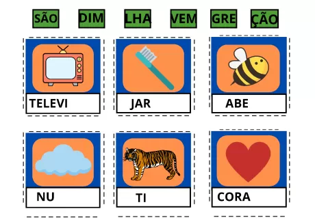 Quadro com imagens e palavras associadas: televisão, escova, abelha, nuvem, tigre e coração.