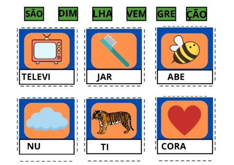 Quadro com imagens e palavras associadas: televisão, escova, abelha, nuvem, tigre e coração.