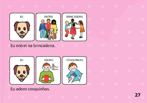Ilustrações de crianças brincando e um cachorro, com textos sobre entrar na brincadeira e adorar cosquinhas.