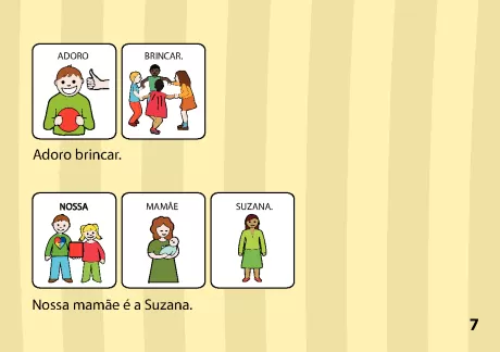 Cartões ilustrativos sobre brincadeiras e membros da família.