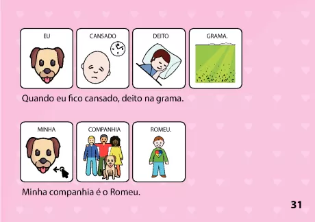 Ilustrações de um cachorro, uma pessoa cansada, uma pessoa deitada na grama, e uma família com um cachorro.
