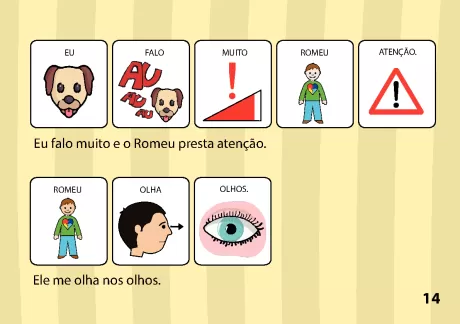 Ilustrações de comunicação entre personagens, incluindo um cachorro e uma pessoa.