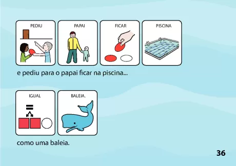 Ilustração de uma criança pedindo ao pai para ficar na piscina, com imagens de uma piscina e uma baleia.