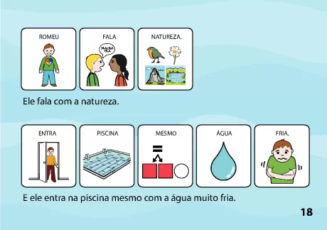 Ilustrações de comunicação entre personagens e interação com a natureza e a piscina.