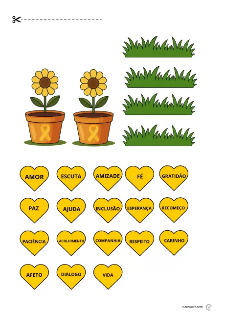Ilustração de flores em vasos e grama com palavras relacionadas a emoções e valores.