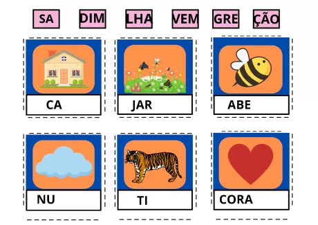 Cartões ilustrativos com palavras e imagens relacionadas a cada uma delas.