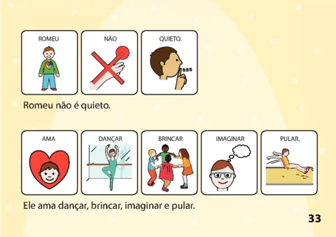 Ilustrações de ações e sentimentos: Romeu não é quieto, ama dançar, brincar, imaginar e pular.