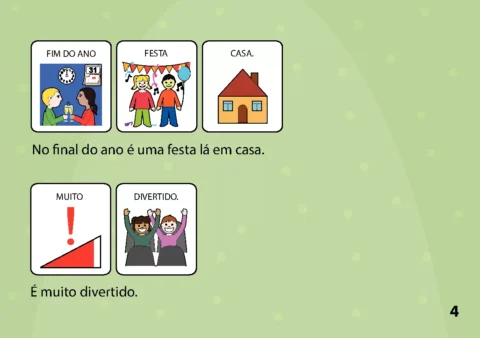Ilustrações sobre celebrações de fim de ano, incluindo uma festa em casa.