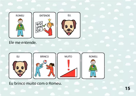 Ilustrações de crianças interagindo com um cachorro chamado Romeu.