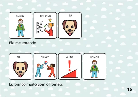 Ilustrações de crianças interagindo com um cachorro chamado Romeu.