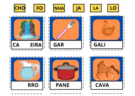 Imagem com palavras e ilustrações relacionadas a cada uma delas, como uma cachoeira, um garfo, uma galinha, um jarro, uma panela e um cavalo.