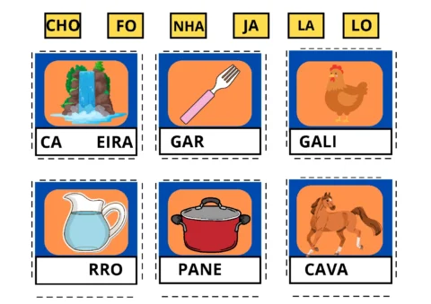 Imagem com palavras e ilustrações relacionadas a cada uma delas, como uma cachoeira, um garfo, uma galinha, um jarro, uma panela e um cavalo.