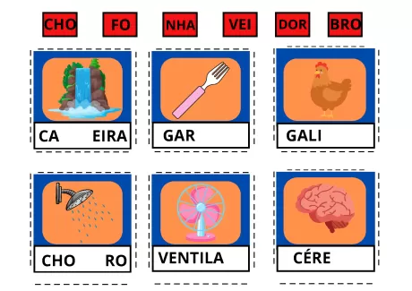 Imagem com ilustrações de palavras e seus complementos, incluindo uma cachoeira, um garfo, uma galinha, um chuveiro, um ventilador e um cérebro.