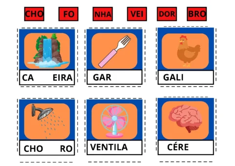 Imagem com ilustrações de palavras e seus complementos, incluindo uma cachoeira, um garfo, uma galinha, um chuveiro, um ventilador e um cérebro.