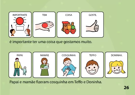 Ilustrações de palavras e ações relacionadas a sentimentos e família.