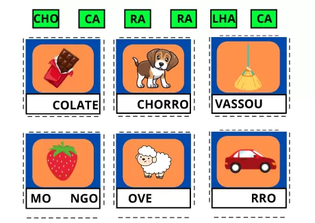 Atividades educativas com imagens de chocolate, cachorro, vassoura, morango, ovelha e carro.