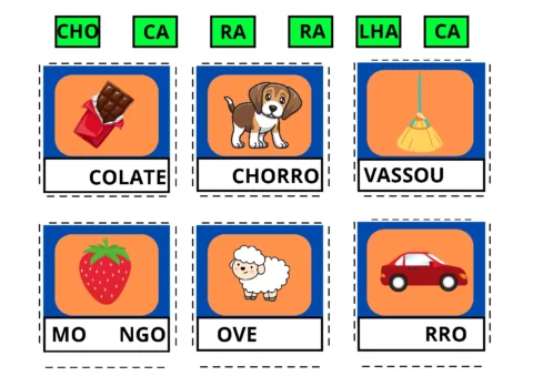 Atividades educativas com imagens de chocolate, cachorro, vassoura, morango, ovelha e carro.