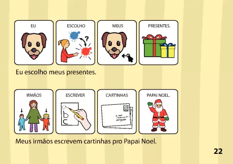 Ilustrações de crianças escolhendo presentes e escrevendo cartinhas para o Papai Noel.