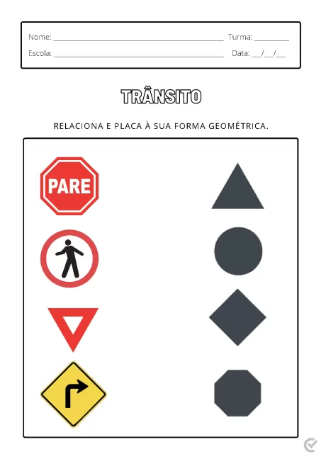 Atividades educativas sobre placas de trânsito e suas formas geométricas.
