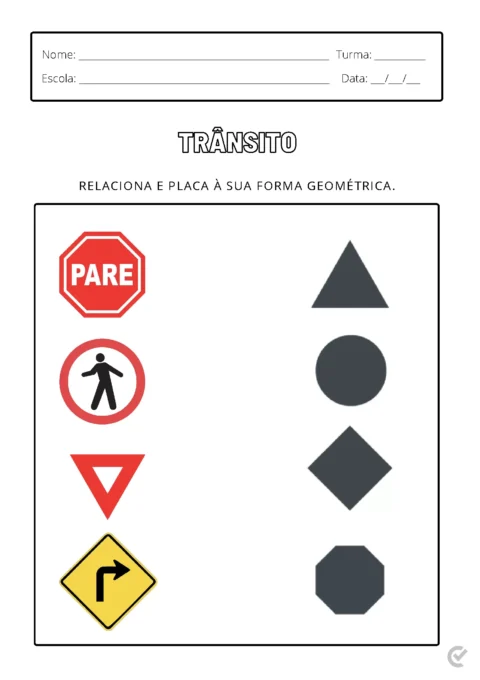 Atividades educativas sobre placas de trânsito e suas formas geométricas.