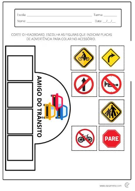 Atividade educativa sobre placas de trânsito com figuras para recortar e colar.