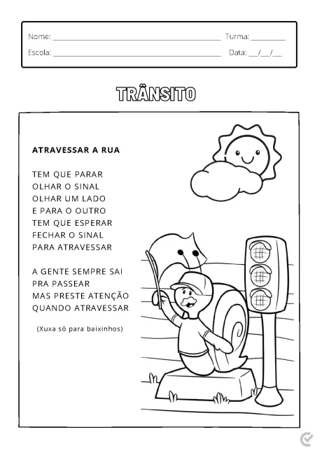 Desenho educativo sobre como atravessar a rua com um semáforo e personagens infantis.